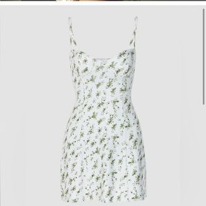 NWT- COMMENSE Satin White With Green Floral Garden Mini Dress